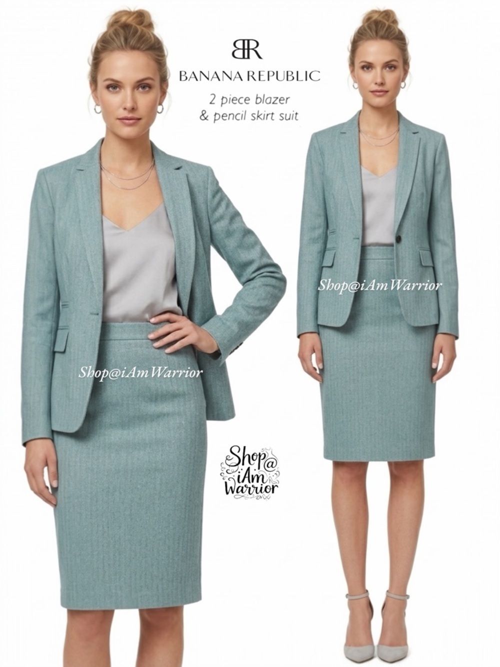 Banana Republic aqua/teal herringbone blazer + pencil skirt washable suit